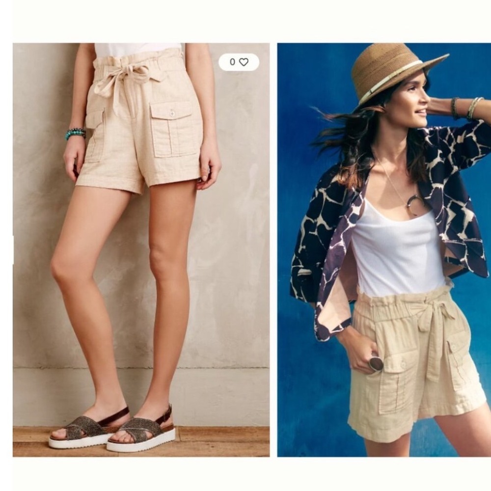 Elevenses Anthropologie Linen Paperbag Waist Cargo Shorts Beige Small Utility